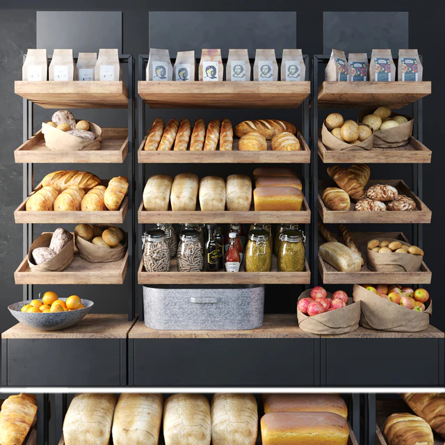 A large showcase in a bakery with bread and other products. Bakery products — Descargar
