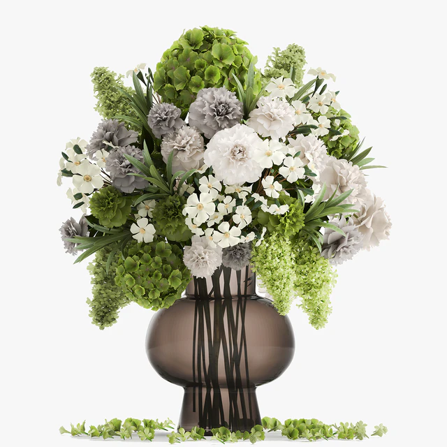 A wonderful bouquet of green spring flowers in a glass vase with hydrangeas, lilacs, peonies. 151. — Descargar