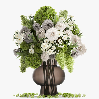 A wonderful bouquet of green spring flowers in a glass vase with hydrangeas, lilacs, peonies. 151. — Ver 1