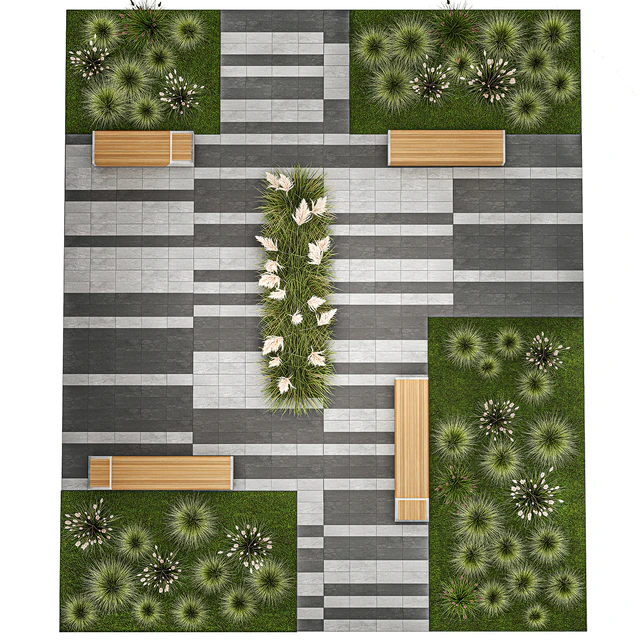 Plants for the urban environment with paving slabs, bench, bench, pampas grass bushes, Cortaderia. 1151. — Descargar