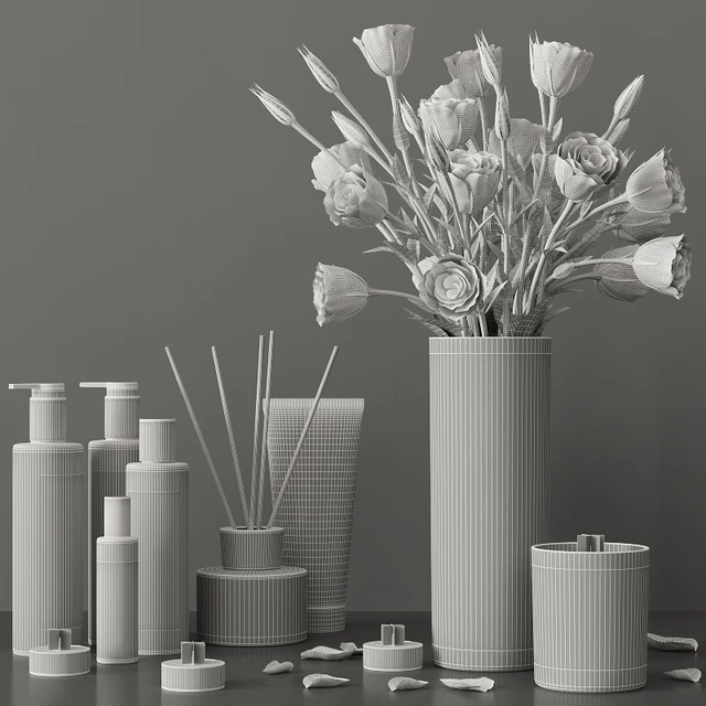 Decorative set with a bouquet of lisianthus and cosmetics — Descargar