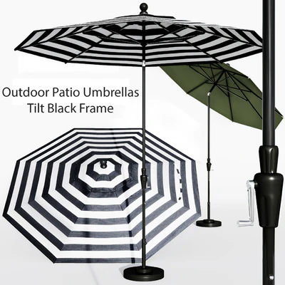 9' Sunbrella Black Cabana Stripe Outdoor Patio Umbrella with Black Tilt Frame + Reviews — Ver 1