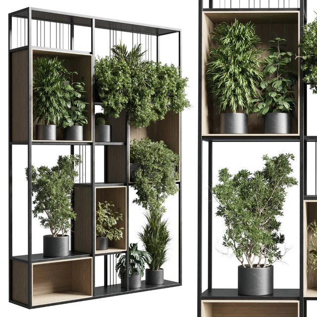 Standing metal shelf with a set 384 of plants in metal boxes corona — Descargar