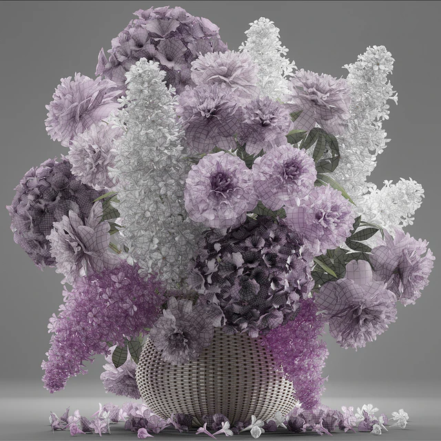 A bouquet of flowers 86. Flowers, white basket, spring flowers, rattan, hydrangea, eco design, nature decor, table decoration — Descargar