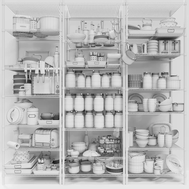 Rack for pantry with spices and kitchen utensils. Crockery and service — Descargar