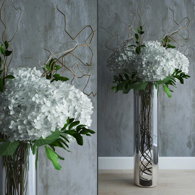 White hydrandeas in tall vase with willow branches — Вид 1