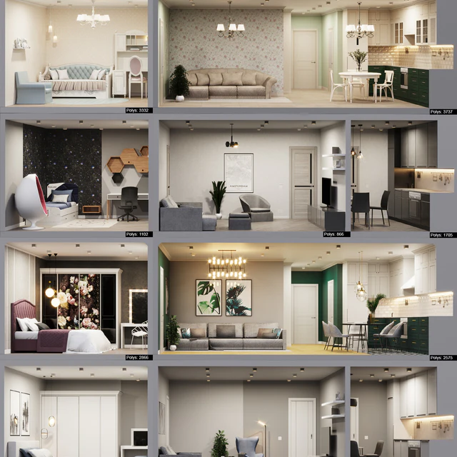 Фасад c 20 low-poly интерьерами — Скачать