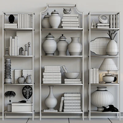 Golden rack with decor for the apartment, figurines and a lamp — Ver 2