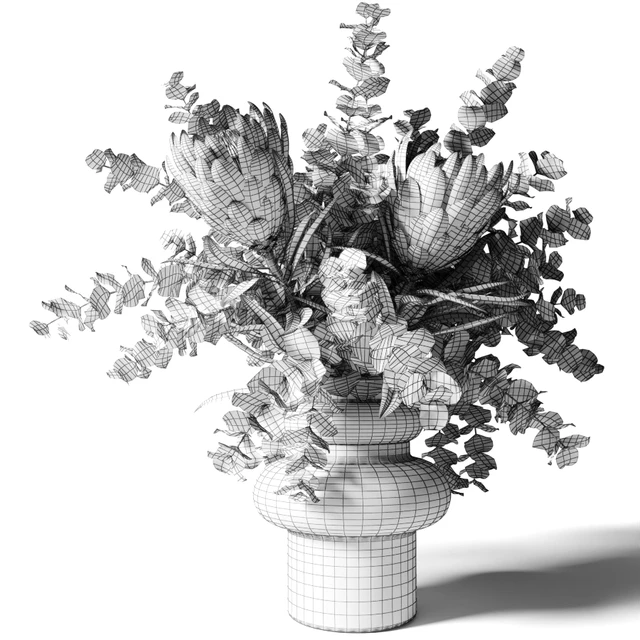Bouquet with three pink proteas and eucalyptus in a glass vase — Descargar