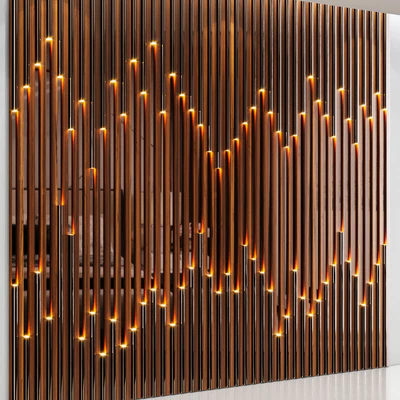 Wall panel made of wood planks, cognac mirror and polished pipes — Ver 2