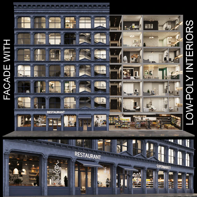 Facade with 20 residential and public low-poly interiors — Descargar