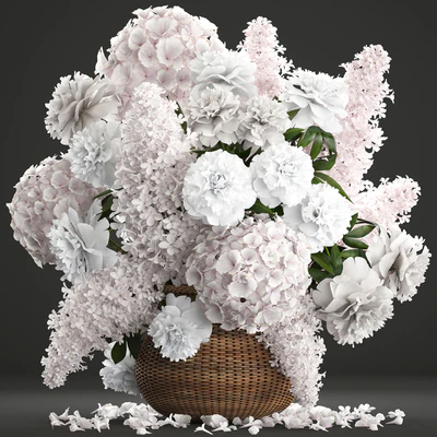 Bouquet of white flowers 82. Flowers, hydrangea, basket, peonies, lilac, eco design, natural decor, table decoration — Ver 1