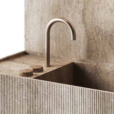 Bathroom furniture with travertine and round mirror — Ver 5