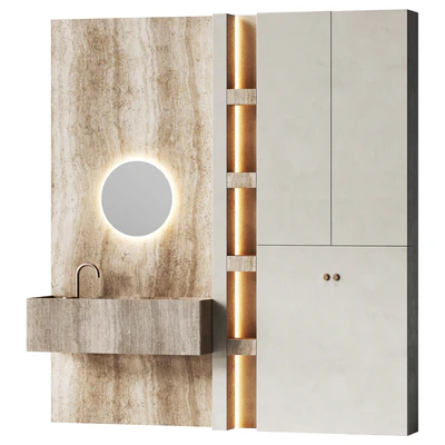 Bathroom furniture with travertine and round mirror — Ver 1