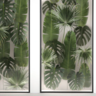 Phytowall and phytobox made of banana palm branches and fan palm leaves in a niche behind a translucent stack. Bouquet 286. — Ver 5