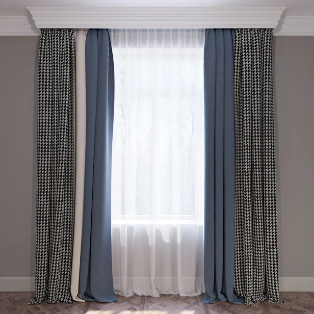 Curtains blue beige and houndstooth set of curtains 01 — Descargar