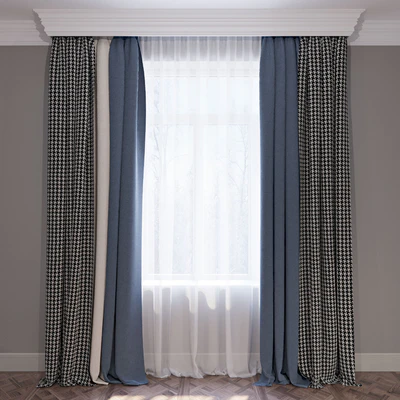 Curtains blue beige and houndstooth set of curtains 01 — Ver 1