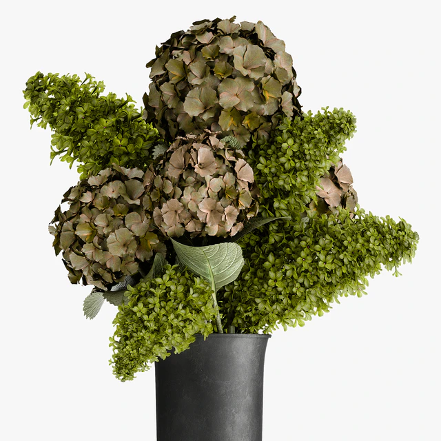 Beautiful modern bouquet of green flowers in a black vase with Hydrangea, green Lilac. 169 — Descargar