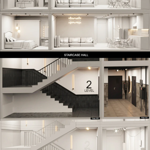 Фасад c 20 low-poly интерьерами — Скачать