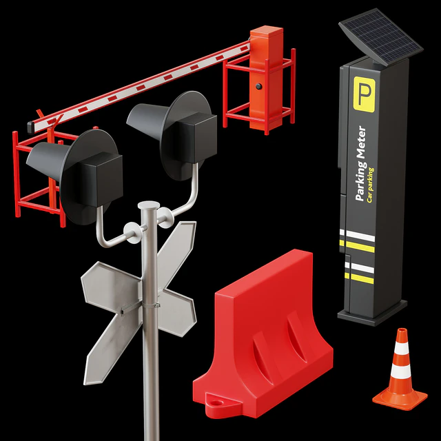 Road elements. Fences, traffic lights, cameras, parking meters. — Descargar