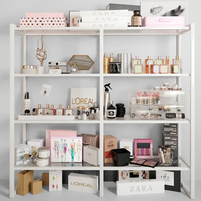 White rack with cosmetics in a beauty salon. Make up — Ver 1