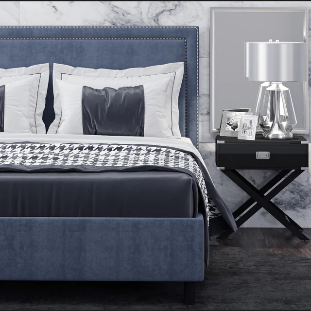 Bed TOV Furniture Reed Navy Velvet Tufted — Descargar