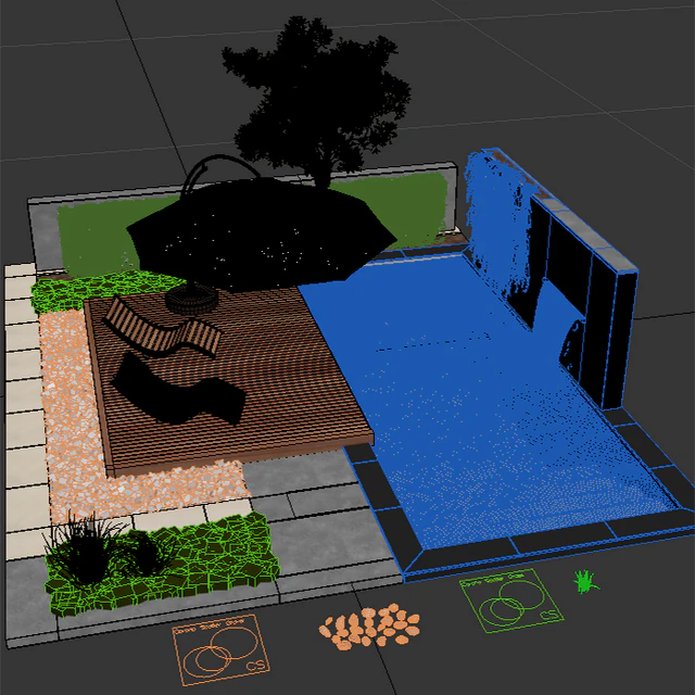Backyard with Pool & plants & Furniture — Descargar
