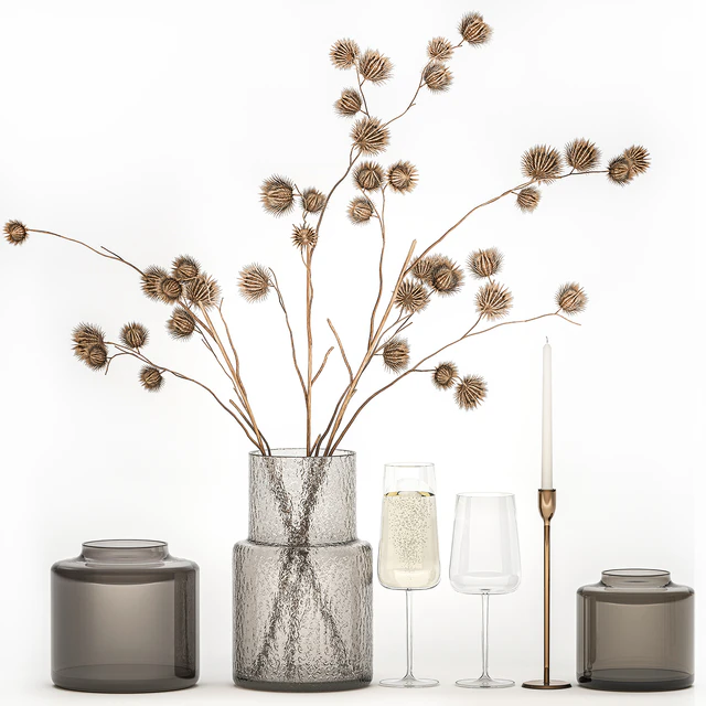 Bouquet of dried flowers from thorn branches burdock with a vase and a glass of sparkling wine. 253 — Descargar