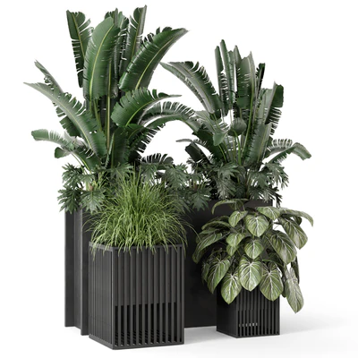 Outdoor Plants Bush in Metal Pot - Set 1074 — Ver 6