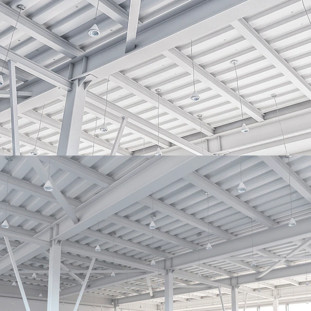 Beam system of metal ceiling with columns and lighting — Descargar