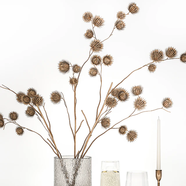 Bouquet of dried flowers from thorn branches burdock with a vase and a glass of sparkling wine. 253 — Descargar