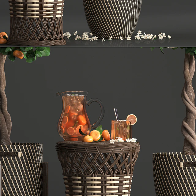 Plant collection 267. Citrus mandarin, Flowering tree, tangerine, fruit, rattan table, basket, Lemonade, carafe, cocktail, outdoor, landscaping, natural decor, eco, lemonade — Descargar
