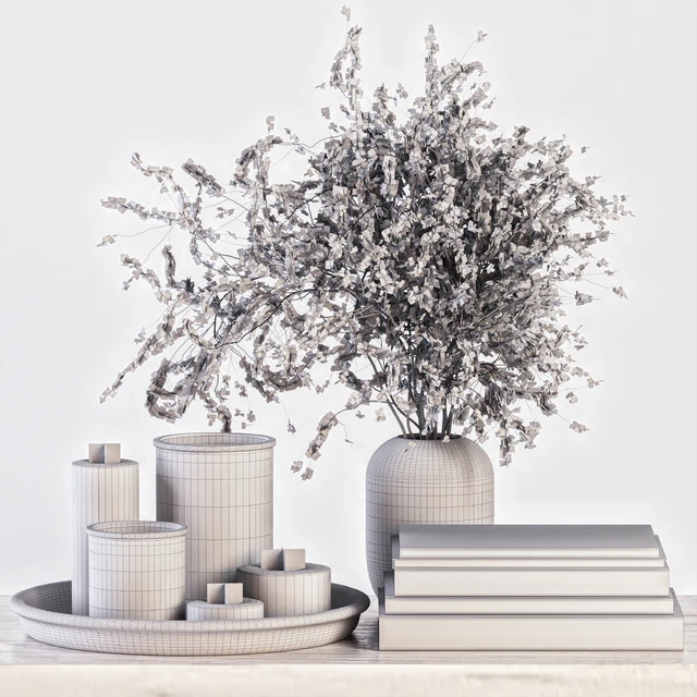 Decorative Set 14 - Candles and Branches in Concrete Vase — Скачать