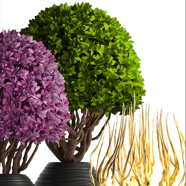 Collection of plants 129. Boxwood, topiary, topiary, decorative vases, decor, golden branches — Descargar