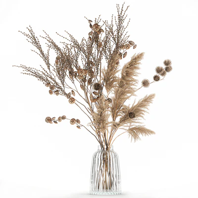 A set of flower bouquets in vases of dried flowers, palm branch, pampas grass, reed grass, hydrangea, thorns. 283 — Ver 5