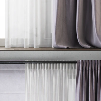 Draped Back Tab Silk Curtains with Tulle and Roman Shade — Ver 3