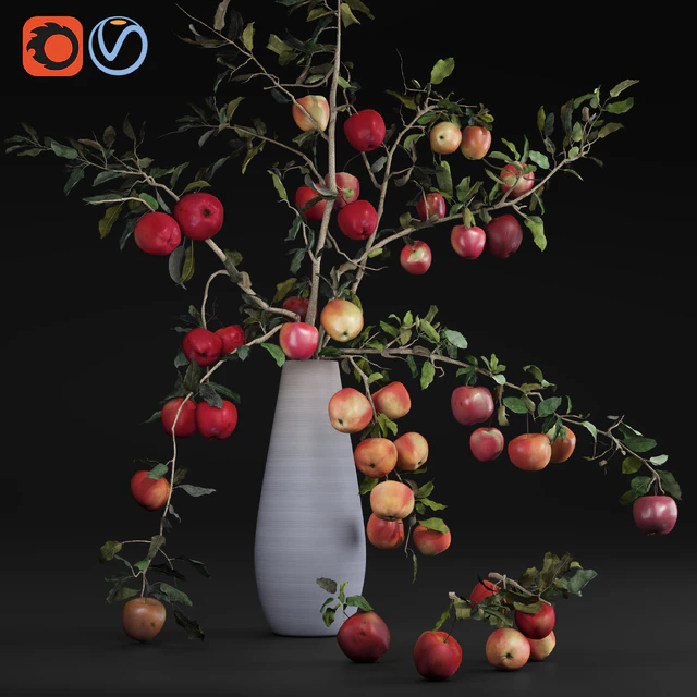 Red Cherry tomato apple branches Dry leaves Vase — Download
