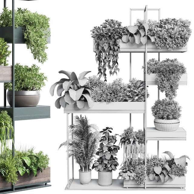 Standing metal shelf with a set of plants in wooden and metal boxes 267 — Descargar