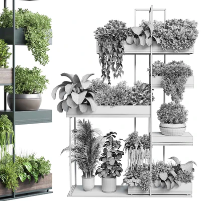Standing metal shelf with a set of plants in wooden and metal boxes 267 — Ver 4