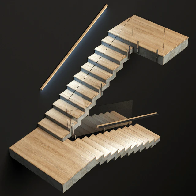Stairs made of wood and concrete with built-in LED illuminated handrail — Descargar