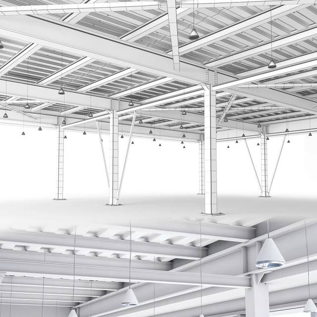 Beam system of metal ceiling with columns and lighting — Descargar