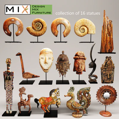 Design Mix Furniture. Collection of 16 pieces, figurine, wooden, eco design, set, collection, decor, mega set, ammonite, shell, fossil, figurine, decor, mask — Ver 1