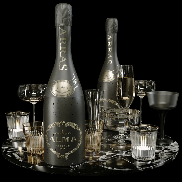 Collection of sparkling wine with crystal glasses and marble tray — Descargar