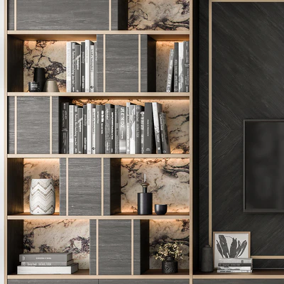 TV Wall Black Wood with Stone Slab - Set 32 — Ver 5