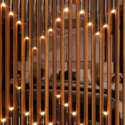 Wall panel made of wood planks, cognac mirror and polished pipes — Ver 4