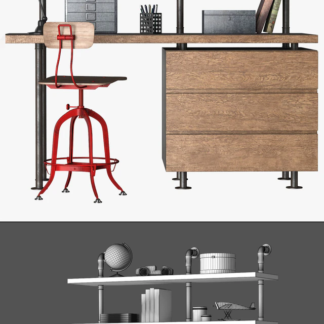 INDUSTRIAL PIPE SINGLE DESK & SHELVING WITH DRAWERS — Скачать