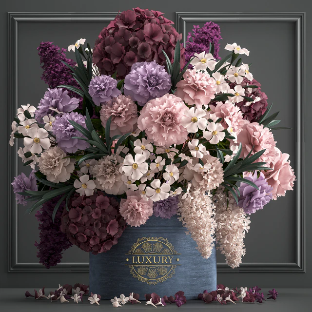 A bouquet of flowers in a gift box 87. Hydrangea, vase, peonies, oleander, decor, luxury, flowers, luxury decor, decoration, stylish, stucco, frame — Descargar