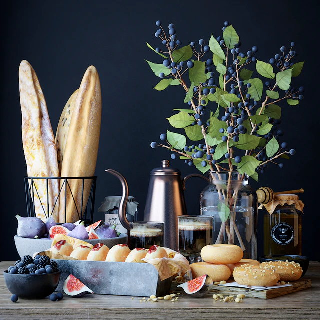 Kitchen set with bread and donuts — Descargar