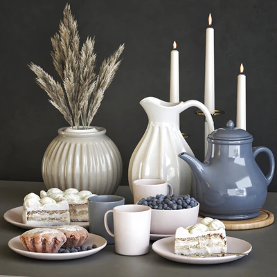 A set of dishes IKEA with cake, muffins and dried flowers — Ver 1