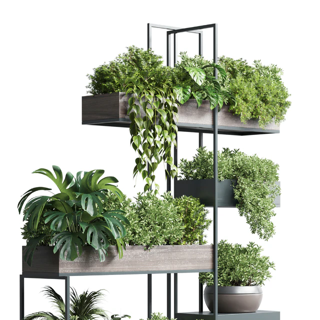 Standing metal shelf with a set of plants in wooden and metal boxes 267 — Descargar